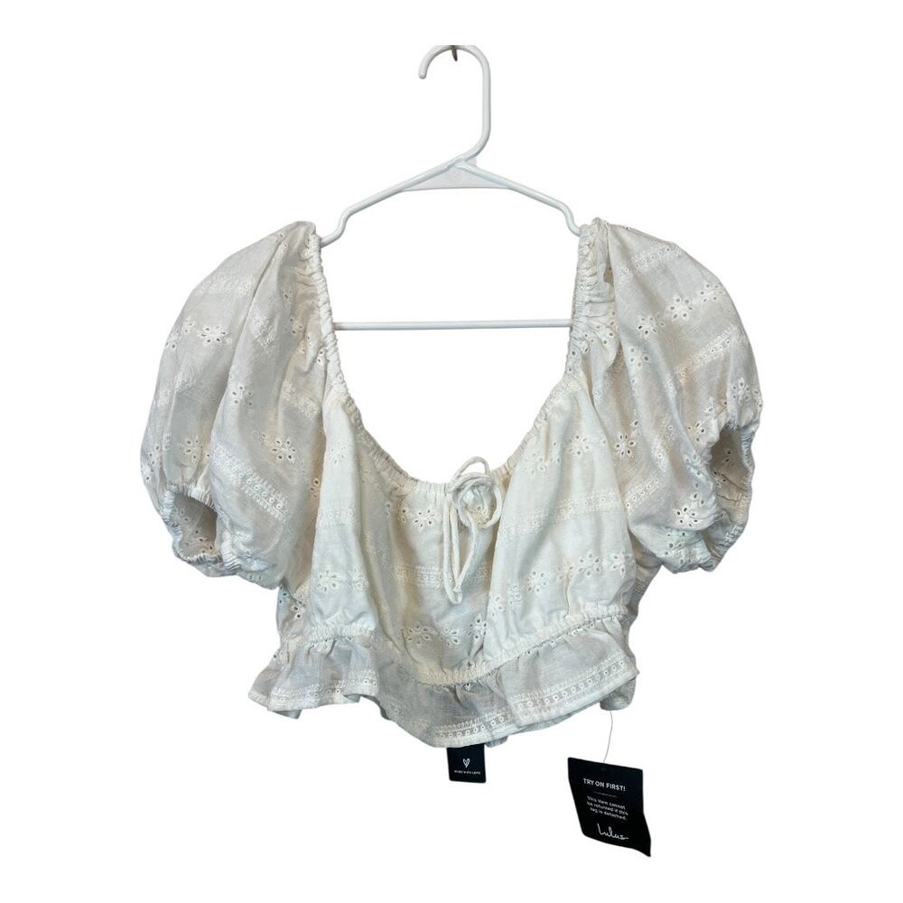 Lulus Lulu's White eyelet Lace Crop Top Shirt Cottagecore coquette XL Boho
